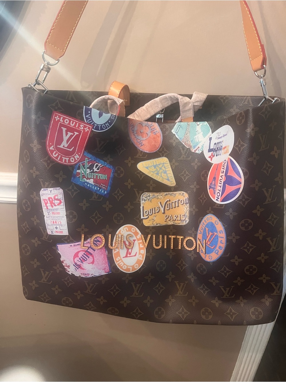 Louis Vuitton style Brown Monogram Sticker-Print Tote - Picture 4 of 11